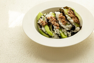Homemade sushi taco recipe with tuna in close-up