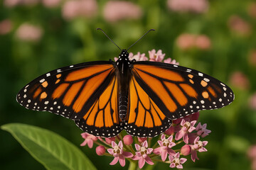 Fototapeta premium Monarch Butterfly in Bloom: A vibrant monarch butterfly with orange and black wings alights gracefully upon a cluster of delicate pink flowers.