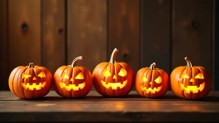 Obraz premium vignette six intricately carved pumpkins exaggerated childlike facial expressions warm golden light rustic wooden