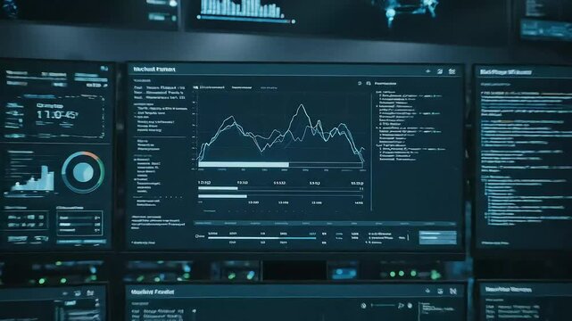 High-tech data analysis room with multiple screens displaying complex graphs and analytics