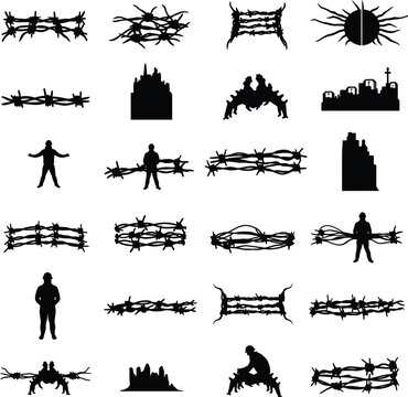 Vector Silhouette Collection of Military and Survival Tripwires, Barbed Wire Obstacles, and Soldiers, Depicting Tactical Perimeter Security and Defense.