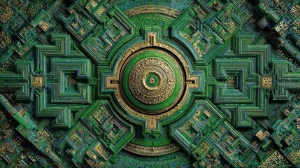 Intricate emerald and gold geometric design