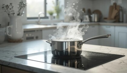 A pot on a stove with steam rising from the cooking liquid, perfect for images of food preparation or kitchen scenes