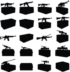 Vector Silhouette Collection of Weapon Crates and Assault Rifles, Depicting Military Logistics and Firearm Storage for War, Combat, and Tactical Operations.