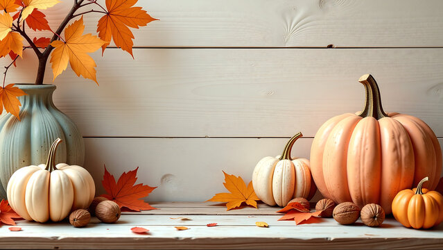 wooden pumpkin display boasts distressed autumnal backdrop colorful leaves walnuts soft pastel hues warm