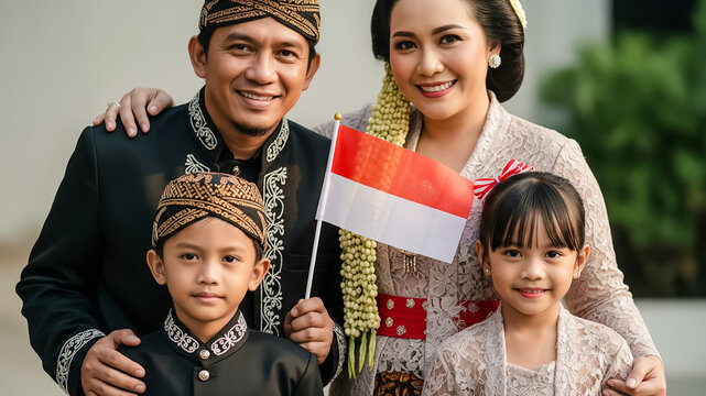 Family posing in traditional clothes with flag on 17 August