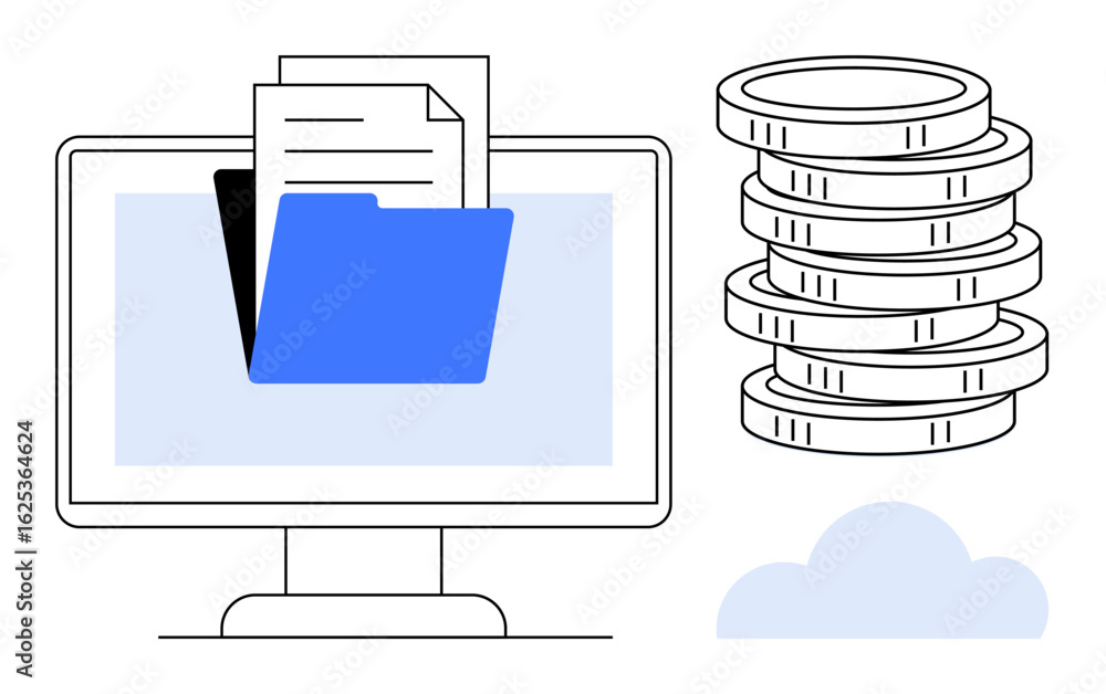 Poster computer monitor displaying blue folder with documents, stacked coins symbolizing financial aspects,