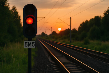 Railway Signal at Sunset: A train signal displays a red light against a backdrop of a beautiful sunset over a railway track, capturing the mood and drama of travel.