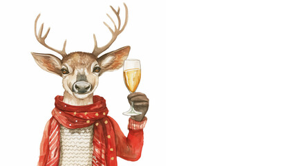 Christmas reindeer with antlers decorated for holidays holding champagne. Celebration concept.