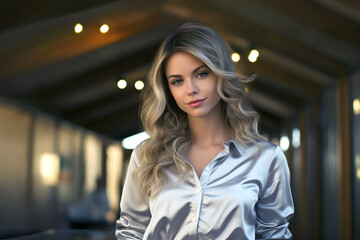 Obraz premium Model posing elegantly in a silver shirt with soft lighting in a modern venue during evening hours