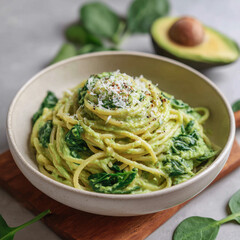 Creamy avocado pasta with spinach topped with grated cheese and pepper in a rustic bowl.