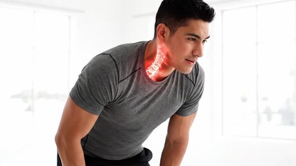 An individual in a grey athletic shirt, embodying the essence of wellness, showcases a striking visual of neck pain or injury with a vibrant, luminous red skeletal illustration.