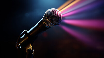 Obraz premium Close-up of a microphone with vibrant, colorful stage lighting in the background.