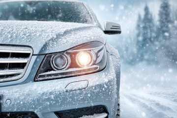 Car Headlight Covered in Snow on Winter Road