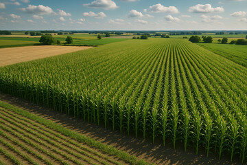 Fields of Plenty: An aerial perspective captures a vibrant, orderly field of lush green crops, a symbol of agriculture's bounty under a bright sky. 