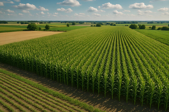 Fields of Plenty: An aerial perspective captures a vibrant, orderly field of lush green crops, a symbol of agriculture's bounty under a bright sky. 