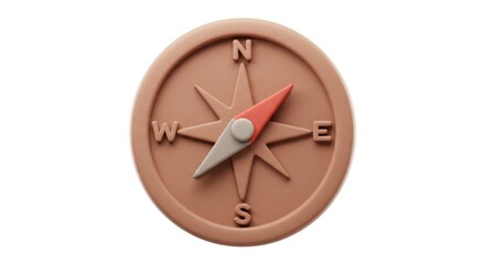 3D Clay Compass: Navigation Tool with Red and Gray Needle on White Background