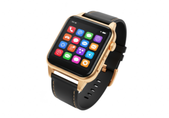 Photo of a modern gold smartwatch with a black band displays colorful app icons isolated on transparent background