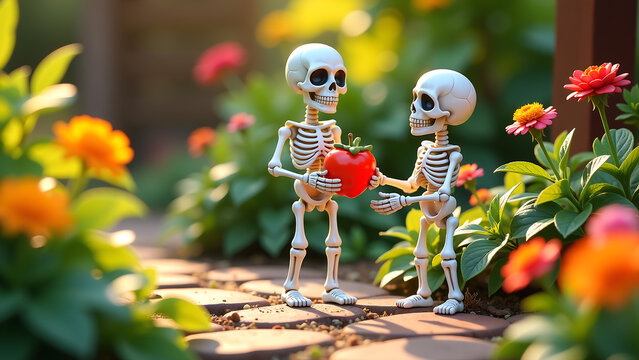 vibrant skeletons playfully arrange colorful garden decor amidst lush greenery set warm sunny backdrop soft natural light