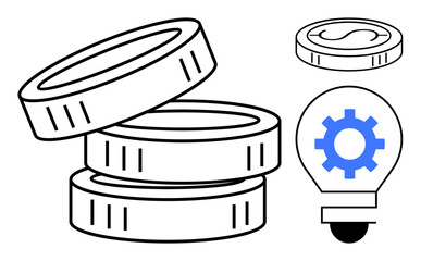 Three stacked coins, a single coin, and a light bulb containing a gear. Ideal for finance, innovation, growth, technology, strategy business planning and creative problem-solving. Simple flat