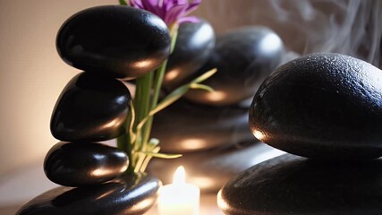 Vertical 4K spa themed background soft candlelight warm water vapor smooth stones floral accents creating peaceful wellness oriented ambiance ideal relaxation content health spa