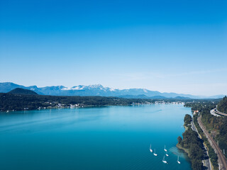 Woerthersee with Mountain Panorama Including Mittagskogel, Rosenkogel, Hahnkogel, and Schwarzkogel in Carinthia, Austria