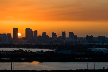 Urban sunset landscape of downtown district of Tampa city in Florida, USA. Dramatic skyline with high skyscraper buildings in modern american megapolis