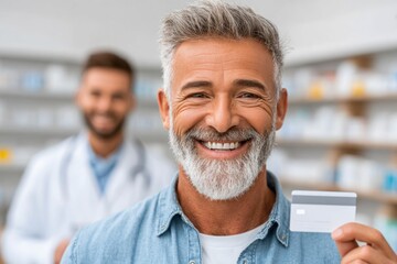 Happy senior man holding credit card at pharmacy