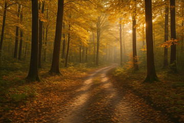 Fototapeta premium Autumn Forest Path: A serene autumn scene unfolds, with a winding path beckoning through a sun-drenched forest of tall trees, their golden foliage creating a warm and inviting atmosphere.