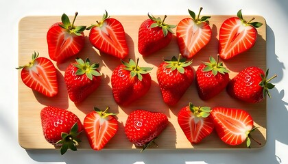 Sliced and Whole Strawberries on Dark Walnut Board with Mint