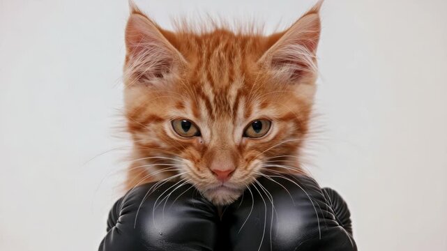 A cute orange kitten wearing boxing gloves, looking fierce.