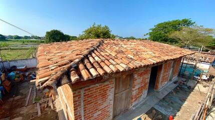 A rustic brick building with a terracotta tiled roof.