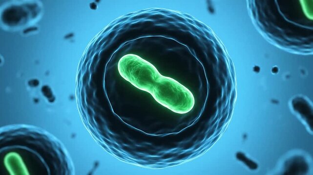 Microscopic marvel of cell division, a detailed depiction of a singular cell undergoing binary fission. The image exhibits cellular growth.