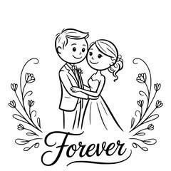 Forever Together: An illustrated depiction of a bride and groom embracing amidst floral embellishments, their embrace symbolizing eternal love and unity for invitations, announcements.