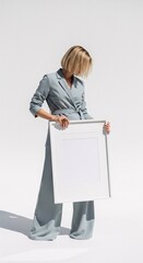 Elegant woman in a stylish blue suit holding a blank white frame mockup on a white background