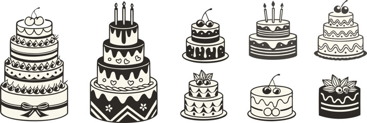 Set of Black and White Birthday Cakes and Cupcakes with Candles, Ideal for Celebration, Party, and Sweet Treat Designs