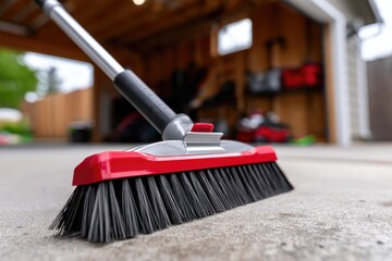 Close-up of broom on garage floor