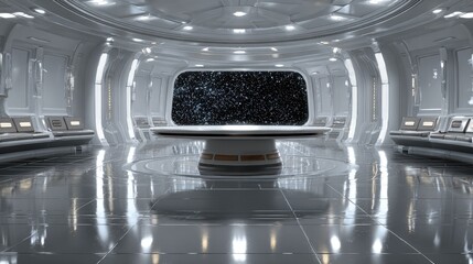 Spaceship Interior A sleek silver podium in a spaceship empty designed stars visible outside