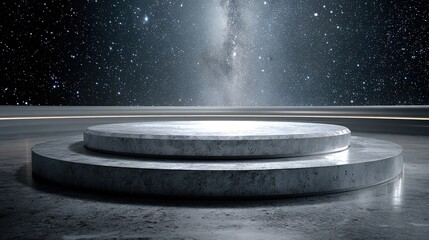 Spaceship Interior A sleek silver podium in a spaceship empty designed stars visible outside