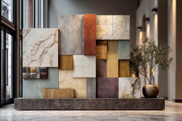 Different colored textures and stone material samples arranged decoratively in a modern pattern, providing a variety of design options for architects and designers