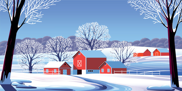 Winter seasonal landscape with snow-covered trees and farmhouses in the first plan, fields and  forest on hills under snow in the background. Trendy handmade drawing vector illustration.