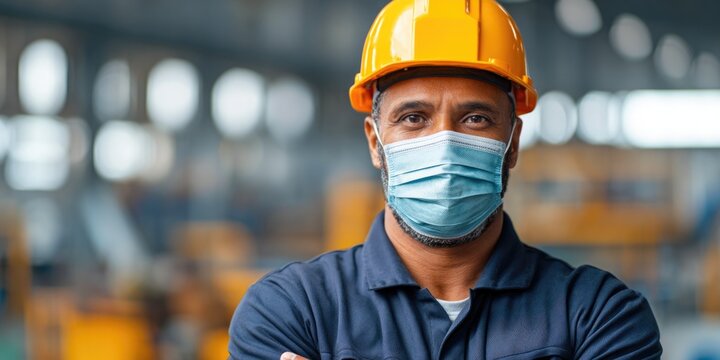 Industrial Worker Wearing Hard Hat and Face Mask