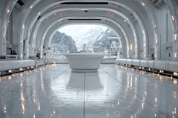 Spaceship Interior A sleek silver podium in a spaceship empty designed stars visible outside