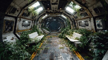 Spaceship Interior Abandoned Generation Ship with overgrown corridors broken AI voices whispering and faded murals of Earth’s forgotten history