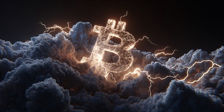 Dynamic Bitcoin symbol crackles with electric energy amidst stormy clouds and lightning strikes. - Powered by Adobe