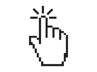 Hand cursor pointer icon in pixel style. Clicking finger. Computer mouse click symbol. Press or select button for web. Vector illustration isolated on white background. 