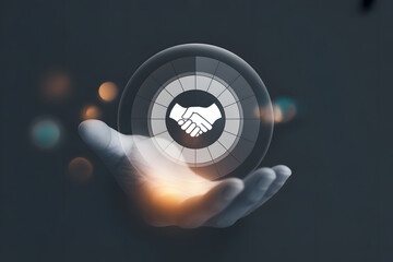 Handshake of Partnership: A symbolic representation of collaboration and agreement, a handshake icon floats above a nurturing hand, conveying the essence of teamwork and business accord. 