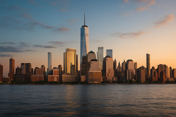 Obraz premium New York City Skyline at Sunset: The New York City skyline unfolds, bathed in the warm hues of a setting sun, its towering buildings standing in silhouette against a vibrant sky and serene water.