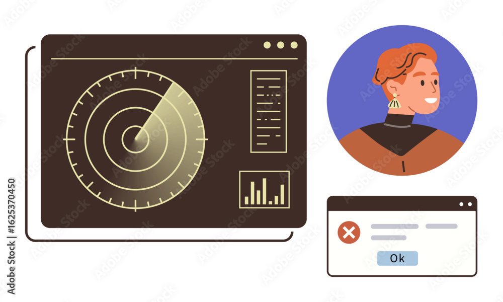 Poster circular radar interface with graphs, a profile avatar portrait, and error popup window. ideal for t