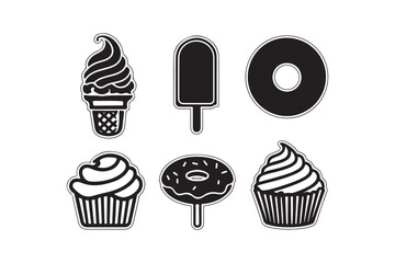 Collection of six sweet dessert icons in black and white silhouette